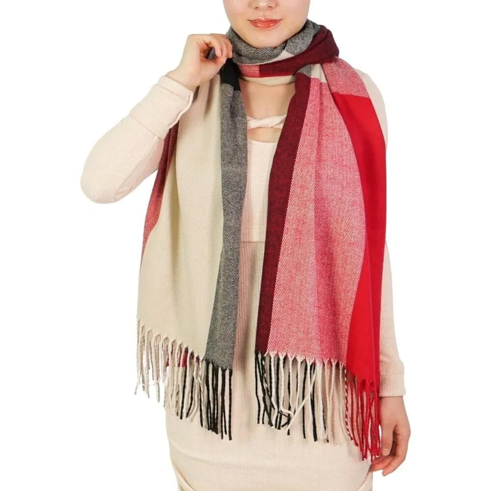 Women's Black Camel Red Fashion Long Shawl Big Grid Winter Warm Lattice Scarfs